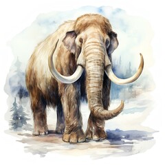Mammoth on white background, vintage watercolor  illustration generated with AI - obrazy, fototapety, plakaty