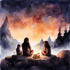 Neanderthal family sit around a fire at night. Watercolor illustration generated with AI. 
