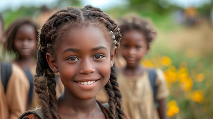 African girl at primary school Cute black kid in countryside looking at camera while with classmates in school,generative ai