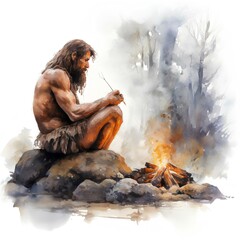 Neanderthal man sits on a stone  by the fire on white background. Watercolor illustration generated with AI. 