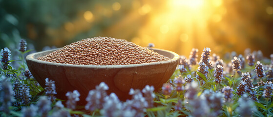 lavender flowers in a bowl with a sun shining behind them