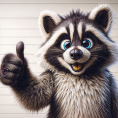 Obraz premium a raccoon is giving a thumbs up sign, a stock photo , shutterstock, furry art, stockphoto, stock photo, sabattier filte