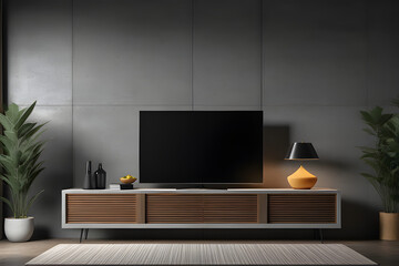 Cabinet mockup for TV in living room at night the concrete wall.3d rendering