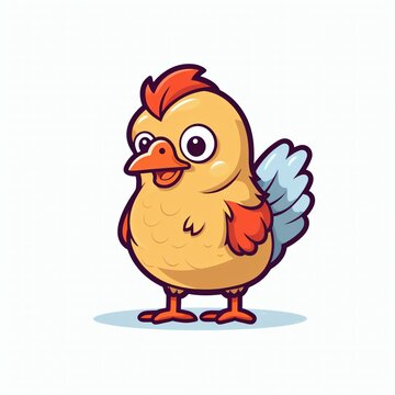 Flat design chicken logo, cute and playful cartoon illustration. Modern and minimalist crow vector design for branding.