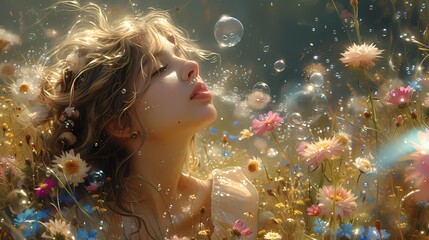 A young woman blowing bubbles in a field of wildflowers, her face lit up with joy