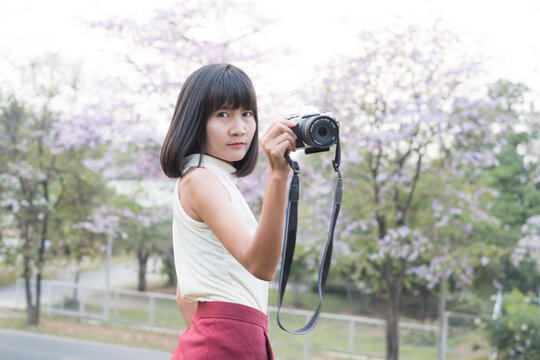 Woman Photography Camera Digital Girl Fun Happy Travel Nature Lifestyle Leisure Summer Holidays Young Person Beauty Smilling Take Photo Outside Spring Park Flower Cherry Blossoms blur View Landscape.