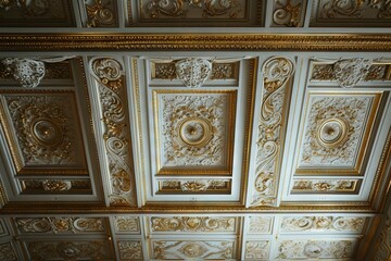 Fototapeta premium Abstract ornamental vintage aesthetics marble framed wall hanging, in the style of intricate frescoes ceiling design. Luxurious baroque style patchwork patterns. Decorative borders with gold.