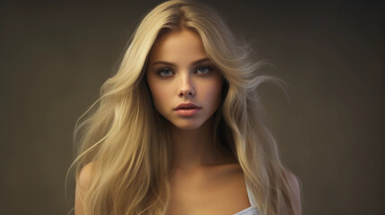Fototapeta premium A young female model with blond long hair, with awareness, concern and sensibility feel. 