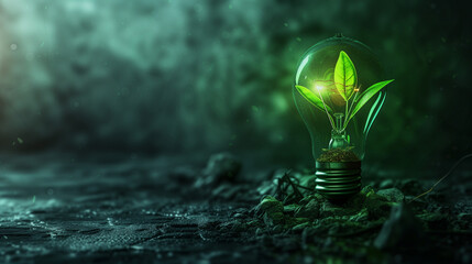 green energy light bulb with a plant and leaves on a dark background. bulb plant concept. renewable and clean energy. Ecology. Generative AI	 - obrazy, fototapety, plakaty