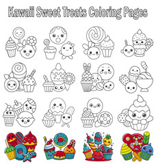 Kawaii Sweet Treats Coloring Pages Cute Dessert, Cupcake, Donut, Candy, Ice Cream, Chocolate, Food. Black outline coloring book vector illustrations