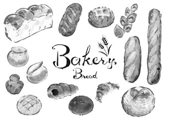 いろんなパンの手描きイラストセット