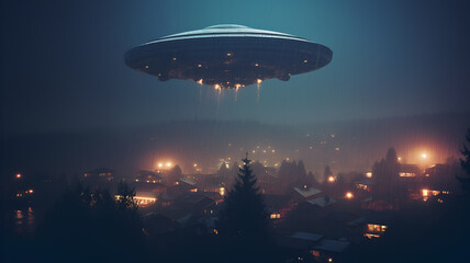 Enigmatic Encounter: Photograph of UFO Hovering in Rainy Night Sky, Conjuring Mysterious Atmosphere