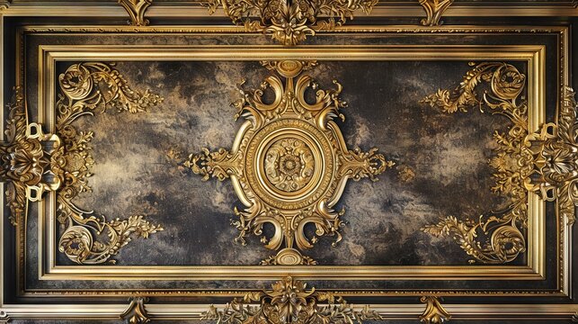 Abstract ornamental vintage aesthetics marble framed wall hanging, in the style of intricate frescoes ceiling design. Luxurious baroque style patchwork patterns. Decorative borders with gold.