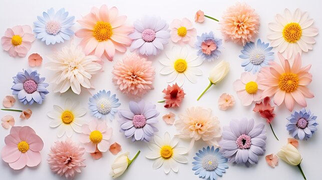 Fresh summer flowers on white fashion photography, instagram floral flat lay photo, flower heads pattern, tender pastel flowers photo, generative ai, generative, ai