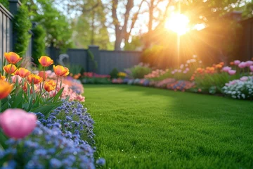 Rolgordijnen outdoor grass in backyard landscaping style inspiration ideas © NikahGeh