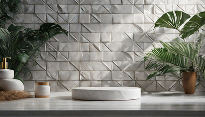 Chic Beauty Exhibition: Podium on White Tile Textured Wall Setting