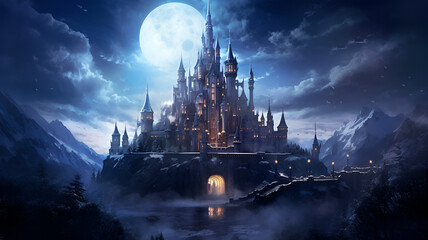 Obraz premium Majestic Moonlit Castle: A Captivating Digital Artwork Conjuring Enchantment and Fantasy Beneath the Glowing Night Sky