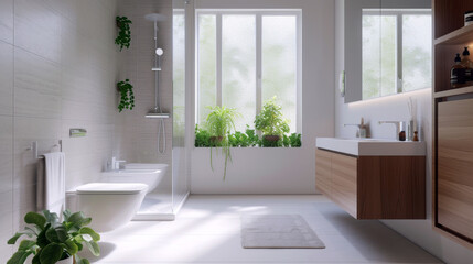Eco-Friendly Modern Bathroom with Natural Light. A modern bathroom emphasizing water conservation, with a low-flow showerhead, eco-friendly toilet, and natural light streaming in. 
