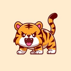 Cute Baby Tiger Roaring Cartoon Vector Icon Illustration Animal Nature Icon Isolated Flat Vector