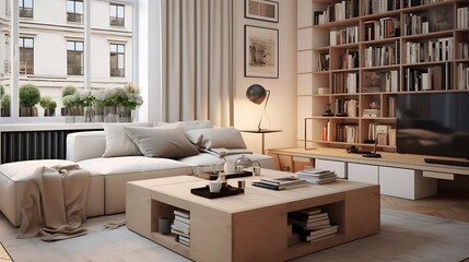 A studio apartment with a coffee table that doubles as a storage ottoman - obrazy, fototapety, plakaty