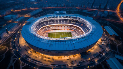Fototapeta premium Elevated Excitement: Aerial Photograph of Football Stadium, Capturing Grandeur and Electrifying Atmosphere