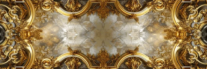 Fotobehang Abstract ornamental vintage aesthetics marble framed wall hanging, in the style of intricate frescoes ceiling design. Luxurious baroque style patchwork patterns. Decorative borders with gold. © Merilno