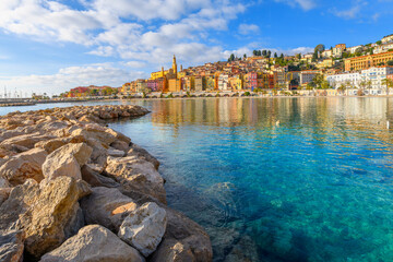 The old town, waterfront promenade and Les Sablettes Beach and promenade along the Cote d'Azur...