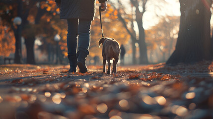 Autumn Dog Walk in a City Park, A dog owner walks their faithful pet through a city park, with the ground carpeted in auburn autumn leaves under the glow of a setting sun. - obrazy, fototapety, plakaty