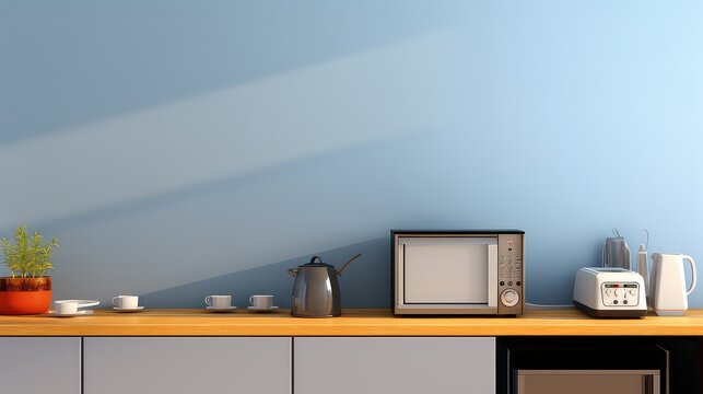 3d rendering of a modern kitchen with microwave, oven and coffee maker