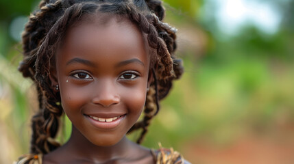 African girl at primary school Cute black kid in countryside looking at camera while with classmates in school,generative ai