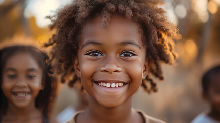 African boy at primary school Cute black kid in countryside looking at camera while with classmates in school,generative ai