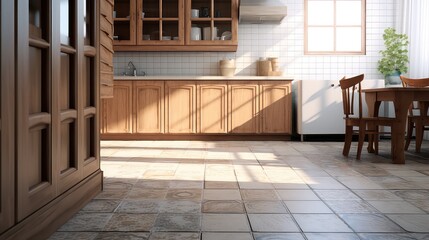 Kitchen interior with wooden furniture and tiled floor 3d renderKitchen interior with wooden furniture and tiled floor 3d render
