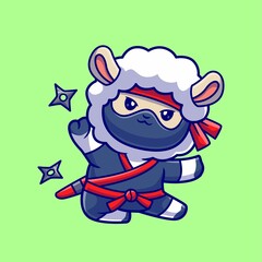 Cute Sheep Ninja With Shuriken Cartoon Vector Icon Illustration Animal Holiday Isolated Flat Vector