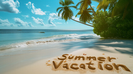 a realistic image of  beach scene with the words "summer vacation"