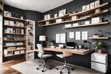 A contemporary home office with a floating desk, built-in shelves, and motivational quotes on the accent wall.