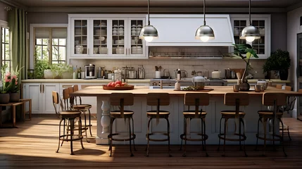 Fotobehang A spacious kitchen with a central island doubling as a dining table, surrounded by bar stools © Warda