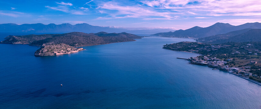 Breathtaking panorama of PLaka Bay, Elounda, Lasithi, Crete On the left stands the historic island of Spinalonga, To the right, picturesque PLaka