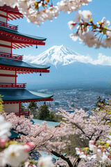 Fototapeta premium Spring scenery in Fujiyoshida, Japan with Mt. Fuji and the Peace Pagoda