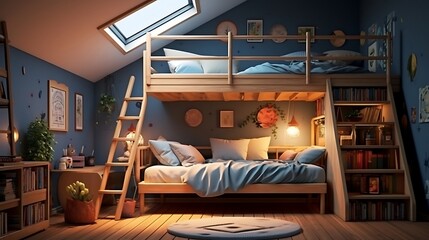 Obraz na płótnie Canvas A space-saving bedroom with a loft bed and a cozy reading corner below