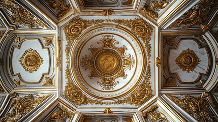 Fototapeta premium Abstract ornamental vintage aesthetics marble framed wall hanging, in the style of intricate frescoes ceiling design. Luxurious baroque style patchwork patterns. Decorative borders with gold.