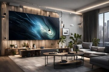 A tech-savvy living room with an interactive wall mockup, displaying digital art and customizable lighting.
