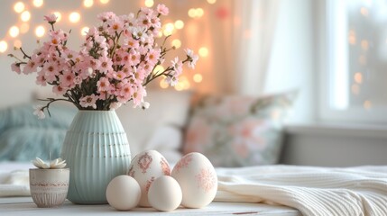 Easter eggs nestled among delicate cherry blossoms herald the joyous arrival of spring in a tranquil, pastel setting.