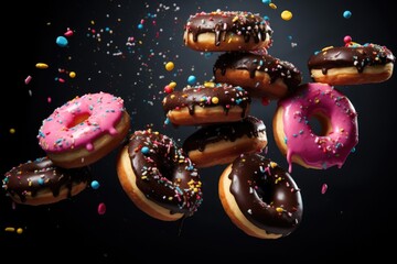 Fototapeta na wymiar Flying donuts. Mix of multicolored doughnuts, flying doughnuts scene mix of multicolored sweet donuts. Ai generated