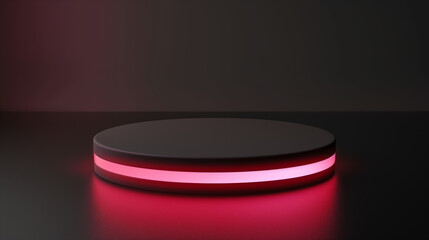 3d Pink light neon round podium and black background for mock up