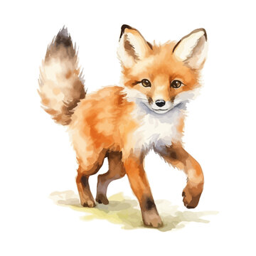 cartoon fox walking in watercolor painting style