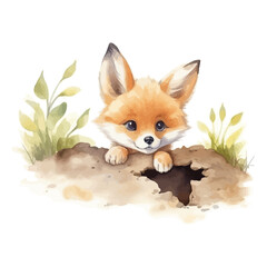 cartoon fox hiding in watercolor painting style