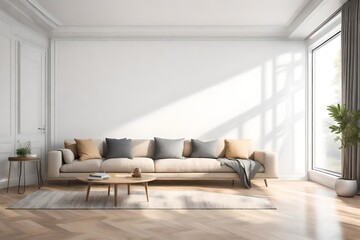 A minimalist empty solid wall mockup in a contemporary living room with soft natural light, showcasing its potential for artwork or decor.