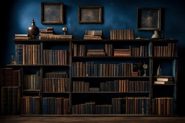 A close-up of a weathered bookshelf against a dark blue wall, showcasing a curated collection of worn-out books