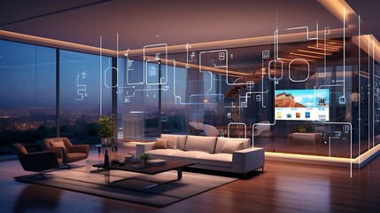 A smart home setup with integrated technology for lighting, climate control, and security - obrazy, fototapety, plakaty