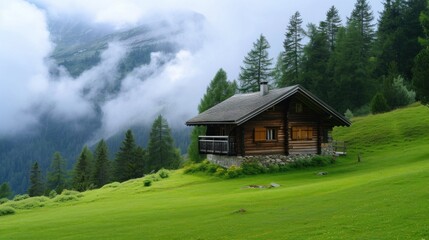 old wooden hut cabin in mountain alps at rural fall landscape - obrazy, fototapety, plakaty